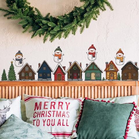 Pegatinas de Pared de Navidad Muñeco de Nieve Casas Coloridas PVC Calcomanías de Ventana DIY para Decoración del Hogar