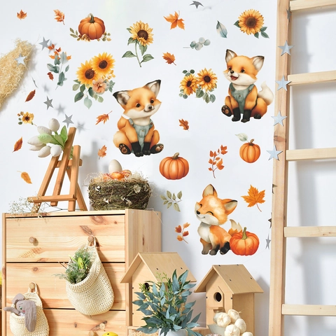 Cartoon Fox Pumpkin Sunflower Autumn Leaves PVC Wall Sticker For Thanksgiving Home Decor Kids Nursery Living Room Wall Decal