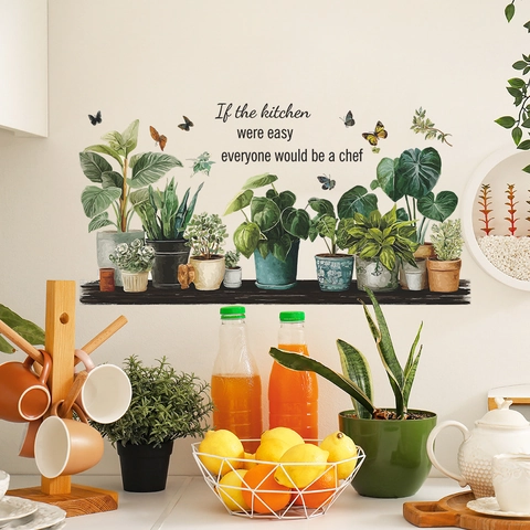 Waterproof PVC Potted Plants Butterflies Wall Stickers Inspirational Kitchen English Quotes Wall Decals For Home Kitchen Dining Room