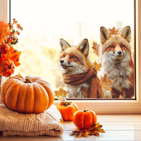 Pegatina de Ventana de Otoño Realista Zorro Rojo y Hojas de Arce Adherencia Estática PVC Calcomanía Vidrio Decoración Hogar