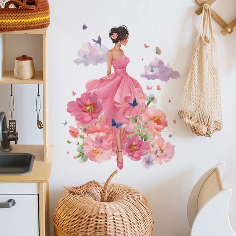 Pegatina de Pared de Hada Mariposa Acuarela Niña Floral Vestido Rosa PVC Autoadhesivo Mural para Dormitorio Hogar