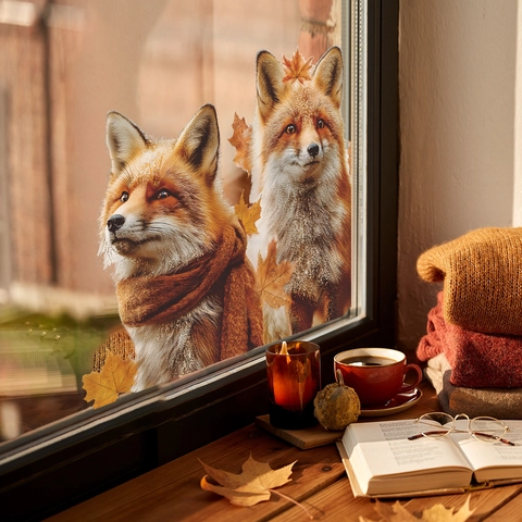 Pegatina de Ventana de Otoño Realista Zorro Rojo y Hojas de Arce Adherencia Estática PVC Calcomanía Vidrio Decoración Hogar