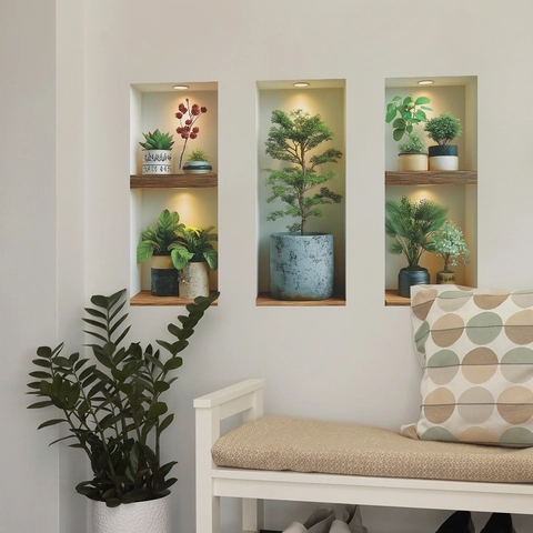 3Pcs 3D Simulated Plant Potted Wall Stickers PVC Greenery Wall Decals For Living Room Dining Room Modern Home Decoration