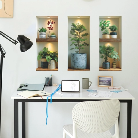 3Pcs 3D Simulated Plant Potted Wall Stickers PVC Greenery Wall Decals For Living Room Dining Room Modern Home Decoration