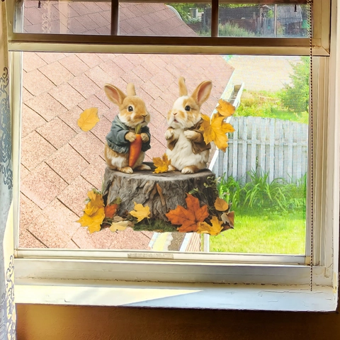 Pegatina de Ventana de Conejo de Hojas de Otoño Estática PVC Calcomanía Conejito de Dibujos Animados Decoración de Hogar