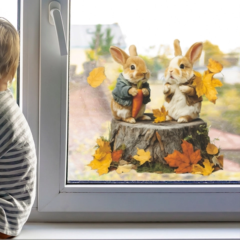 Pegatina de Ventana de Conejo de Hojas de Otoño Estática PVC Calcomanía Conejito de Dibujos Animados Decoración de Hogar
