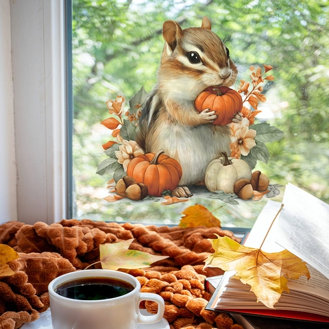 Autumn Squirrel Gathering Pumpkins Wall Sticker Removable PVC Decal For Kitchen Dining Room Home Decoration Accessory