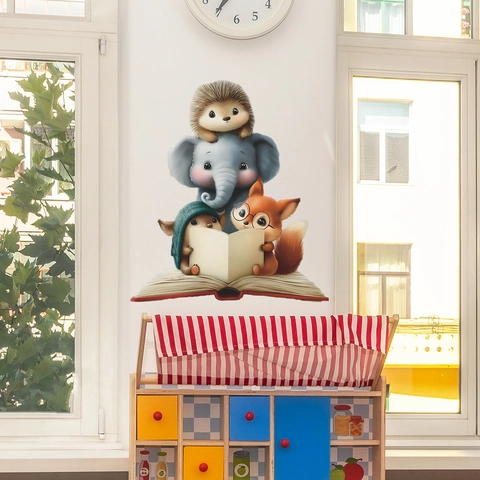 Cartoon Animals Reading Book Wall Sticker PVC Self Adhesive Removable Art Decal For Kids Room Nursery Bedroom Home Decor