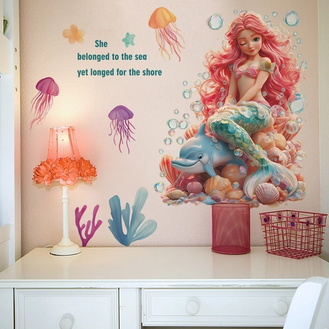 Adesivo da Parete Principessa Sirena Cartone Animato Creature Marine Con Delfino Medusa Slogan per Cameretta Bambini Bagno Casa Decor