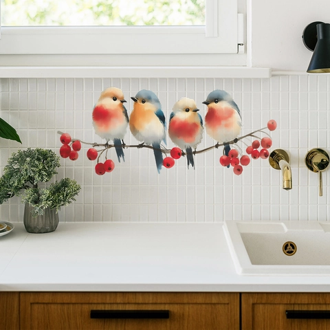 Watercolor Birds on Branch Christmas Wall Stickers Red Berries PVC Decorative Decals For Living Room Bedroom Home Decor