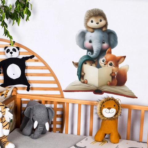 Cartoon Animals Reading Book Wall Sticker PVC Self Adhesive Removable Art Decal For Kids Room Nursery Bedroom Home Decor