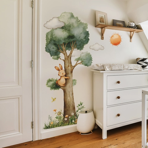 Watercolor Forest Tree Bunny Wall Stickers Cartoon Animal Decals For Kids Nursery Bedroom PVC DIY Self Adhesive Art Mural