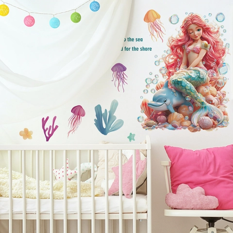 Adesivo da Parete Principessa Sirena Cartone Animato Creature Marine Con Delfino Medusa Slogan per Cameretta Bambini Bagno Casa Decor