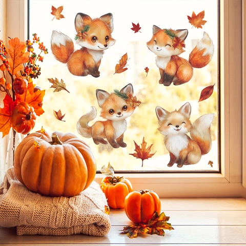 Herbst Cartoon Fuchs Und Ahornblätter Statische Haftfolie Fensteraufkleber PVC Süße Tier Dekorative Glasbilder Für Zuhause
