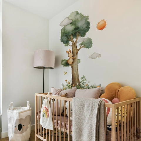 Watercolor Forest Tree Bunny Wall Stickers Cartoon Animal Decals For Kids Nursery Bedroom PVC DIY Self Adhesive Art Mural