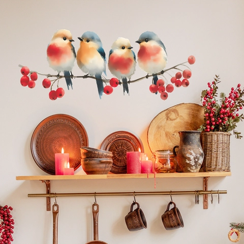 Watercolor Birds on Branch Christmas Wall Stickers Red Berries PVC Decorative Decals For Living Room Bedroom Home Decor