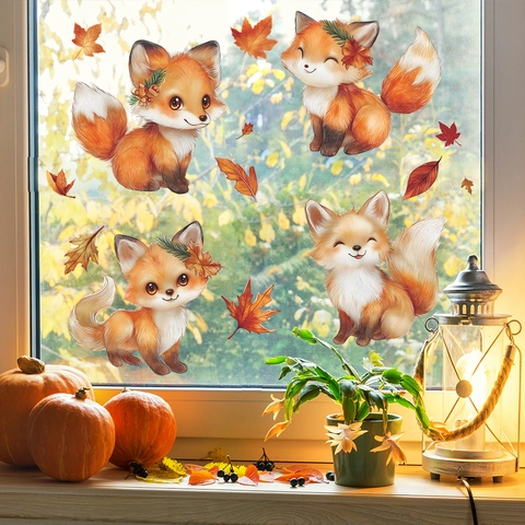 Herbst Cartoon Fuchs Und Ahornblätter Statische Haftfolie Fensteraufkleber PVC Süße Tier Dekorative Glasbilder Für Zuhause