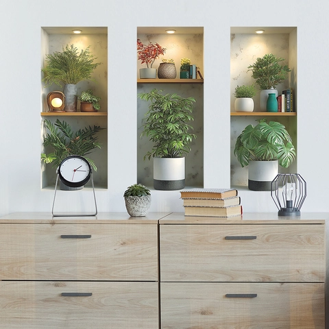 3D Simulatie Nis Plant Pot Muurstickers PVC Zelfklevend Verwijderbaar Home Decor Voor Woonkamer Groene Potplanten Patronen
