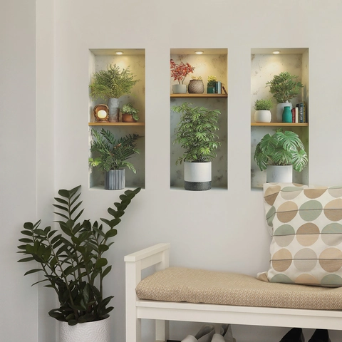 3D Simulatie Nis Plant Pot Muurstickers PVC Zelfklevend Verwijderbaar Home Decor Voor Woonkamer Groene Potplanten Patronen