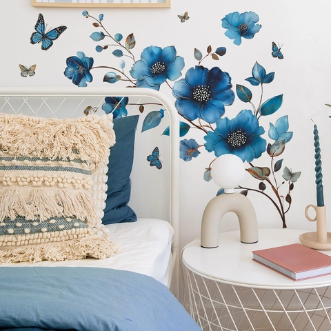 Vintage Blue Flower Vine Butterfly Wall Sticker PVC Waterproof Decal For Bathroom Bedroom Living Room Home Decoration