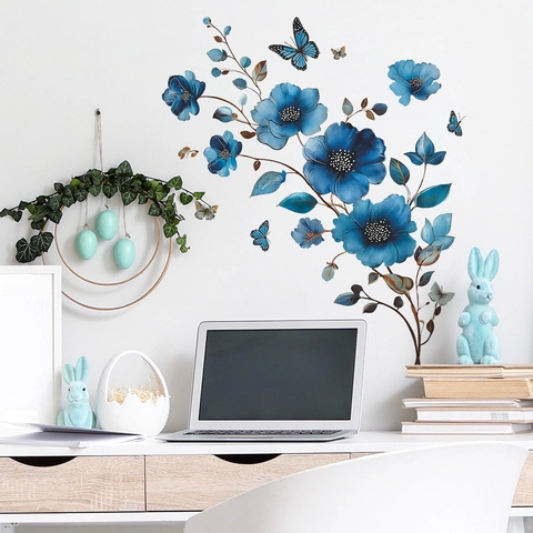 Vintage Blue Flower Vine Butterfly Wall Sticker PVC Waterproof Decal For Bathroom Bedroom Living Room Home Decoration