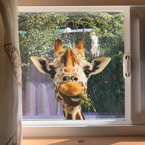 Pegatina de Ventana 3D Realista Jirafa Comiendo Hierba Adherencia Estática PVC Calcomanía Decorativa para Puerta de Vidrio Hogar