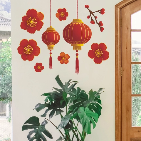 Traditional Festive Red Lantern Plum Blossom Wall Sticker PVC Home Decor Living Room Bedroom Background Decorative Sticker