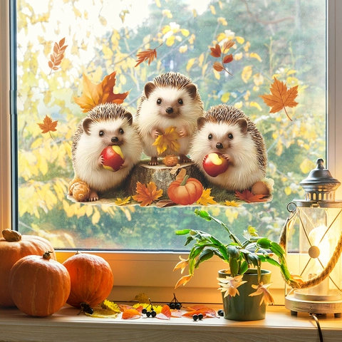 Autumn Hedgehog Static Window Clings Pumpkin Maple Leaf Decorative PVC Window Stickers For Thanksgiving Home Decor