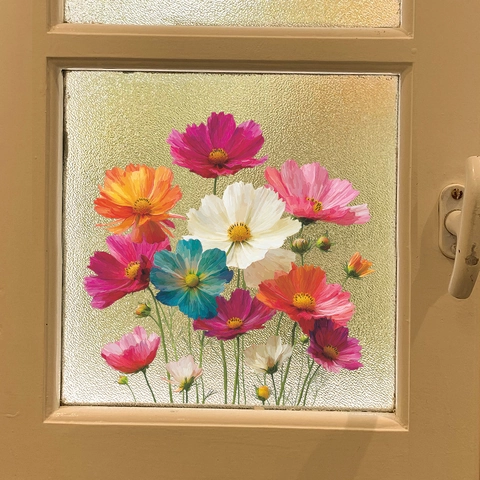 Bunter Kosmos Blume Fensteraufkleber Statische PVC Glasaufkleber UV Relief Floral Deko Für Zuhause Küche Ohne Kleber