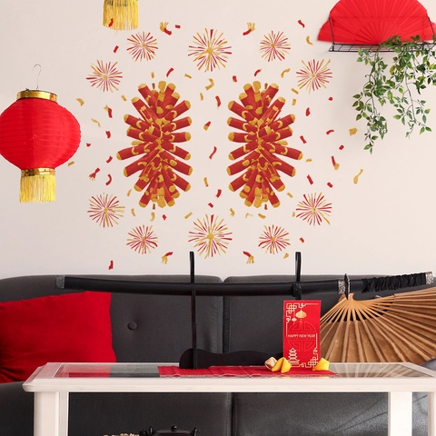 Pegatina de Ventana de Fuegos Artificiales y Petardos de Año Nuevo Chino PVC Calcomanía de Pared Festiva para Decoración
