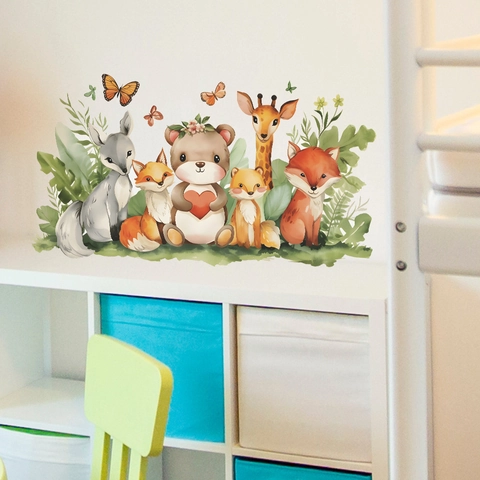 Cartoon Forest Animals Wall Stickers Watercolor Fox Bear Giraffe Wall Decals For Kids Room Nursery Decorative Wall Art