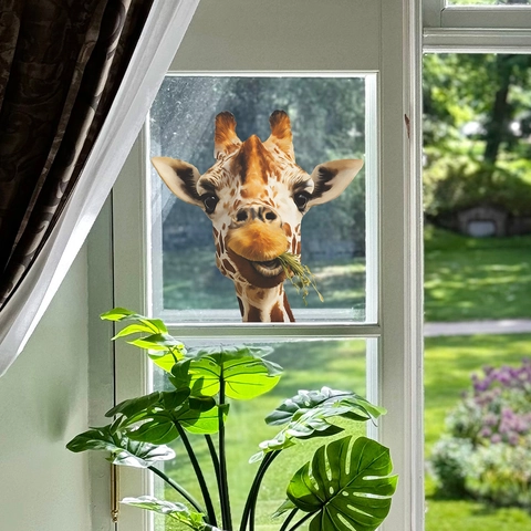 Pegatina de Ventana 3D Realista Jirafa Comiendo Hierba Adherencia Estática PVC Calcomanía Decorativa para Puerta de Vidrio Hogar