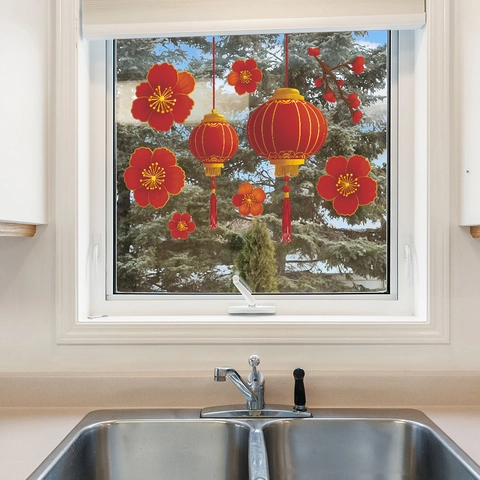 Traditional Festive Red Lantern Plum Blossom Wall Sticker PVC Home Decor Living Room Bedroom Background Decorative Sticker