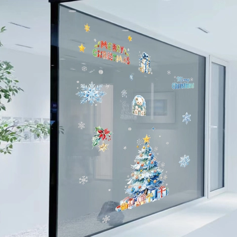 Vrolijk Kerstfeest PVC Elektrostatische Venstersticker Goudstof Kerstman Sneeuwpop Kerstboom Sneeuwvlok Glas Decoratie Sticker