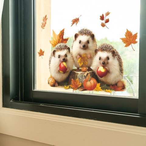 Autumn Hedgehog Static Window Clings Pumpkin Maple Leaf Decorative PVC Window Stickers For Thanksgiving Home Decor