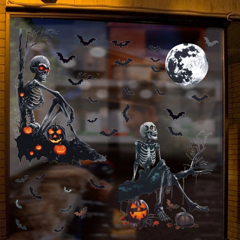 Halloween Skeleton Bat Window Stickers Static Cling Pumpkin Moon Spooky Decor For Shop Glass Windows PVC Wall Decals