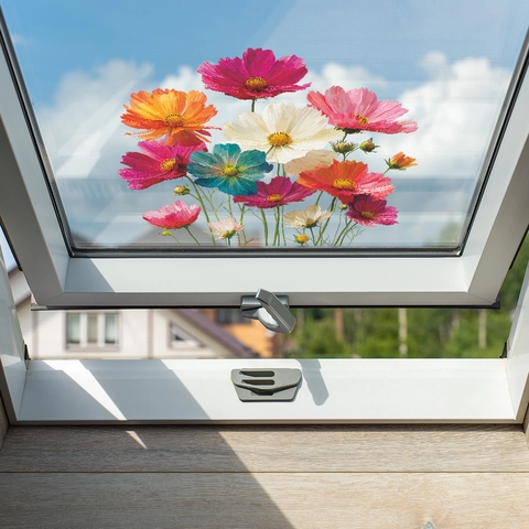 Bunter Kosmos Blume Fensteraufkleber Statische PVC Glasaufkleber UV Relief Floral Deko Für Zuhause Küche Ohne Kleber