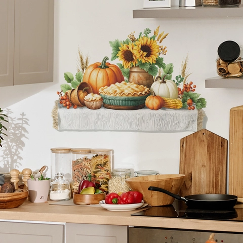 Pastoral Autumn Harvest Pumpkin Sunflower Wall Stickers Removable PVC Thanksgiving Wall Decor For Kitchen Dining Room Home