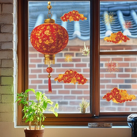 Estilo Chino Linterna Roja Adhesivos de Pared PVC Tradicional Nube Auspiciosa Fuegos Artificiales Casa Decoración Ventana
