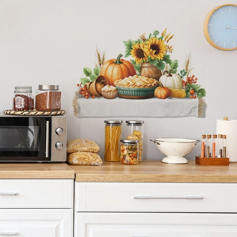 Pastoral Autumn Harvest Pumpkin Sunflower Wall Stickers Removable PVC Thanksgiving Wall Decor For Kitchen Dining Room Home