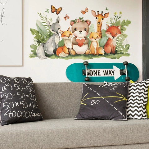 Cartoon Forest Animals Wall Stickers Watercolor Fox Bear Giraffe Wall Decals For Kids Room Nursery Decorative Wall Art