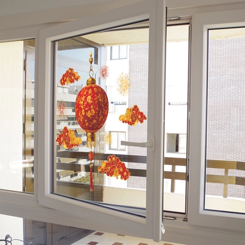 Estilo Chino Linterna Roja Adhesivos de Pared PVC Tradicional Nube Auspiciosa Fuegos Artificiales Casa Decoración Ventana