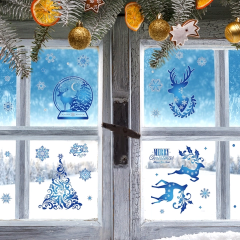 Blaue Gradienten Rentier Weihnachtsbaum Fensteraufkleber Statische PVC Schneeflocken Weihnachten Neujahr Dekoration
