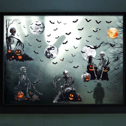 Halloween Window Stickers Horror Skeleton Bat Pumpkin Moon Static Cling PVC 3D Effect Decals For Glass Holiday Party Decor