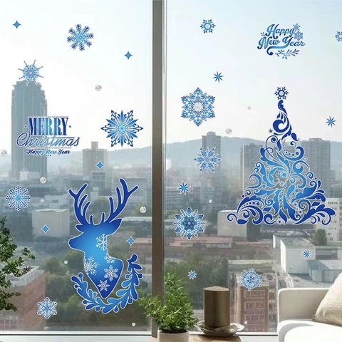 Blaue Gradienten Rentier Weihnachtsbaum Fensteraufkleber Statische PVC Schneeflocken Weihnachten Neujahr Dekoration