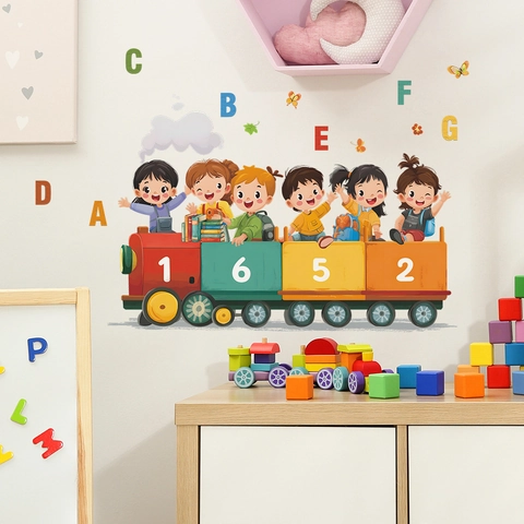 Cartoon Train Children Wall Sticker Colorful Alphabet Numbers PVC Self Adhesive Decal For Kids Room Nursery Home Decor