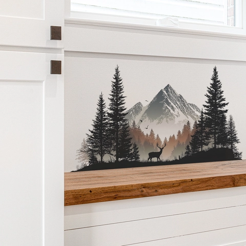 3D Simulation Snow Mountain Pine Forest Deer Wall Sticker PVC Self Adhesive Nordic Landscape Wall Decal For Home Decor
