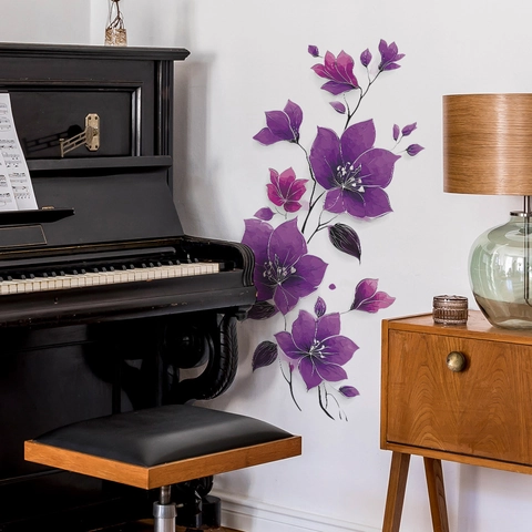 Adesivi Murali con Viti di Fiori Viola in PVC Rimovibile Acquerello Floreale Decalcomania per Bagno Camera da Letto Soggiorno Casa