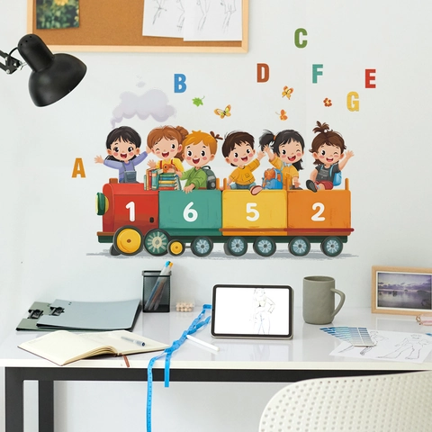 Cartoon Train Children Wall Sticker Colorful Alphabet Numbers PVC Self Adhesive Decal For Kids Room Nursery Home Decor