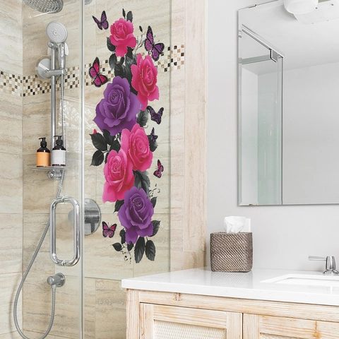 Pegatina de Pared de PVC Impermeable Rosa Púrpura y Mariposa Calcomanía Floral Creativa Para Puerta de Vidrio de Baño Hogar